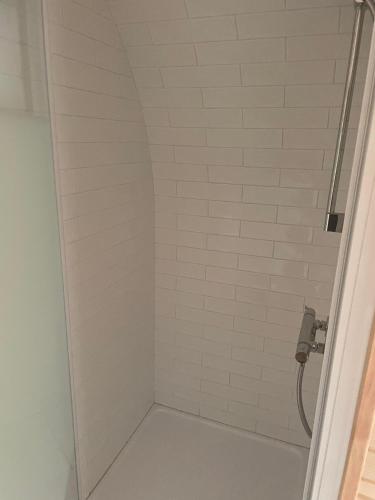 a bathroom with a shower with white tiles at Le mélèze heureux in Cambron-Casteau