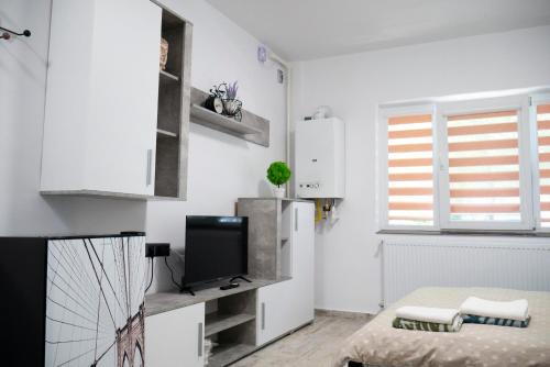 a white room with a tv and a bed at CASEROM Studio in Satu Mare