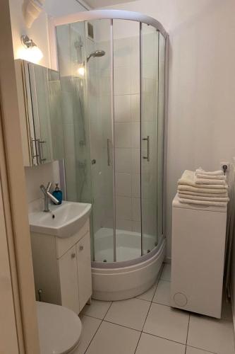 a bathroom with a shower and a sink and a toilet at Ljus in Sopot