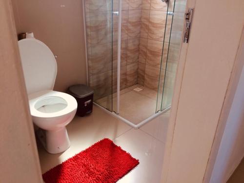 y baño con aseo y ducha con alfombra roja. en Porto Fino Residence, en Florianópolis