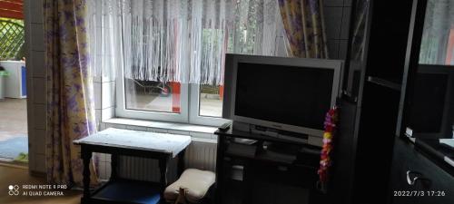 sala de estar con TV y ventana en Mini domek jednopokojowy en Suwałki