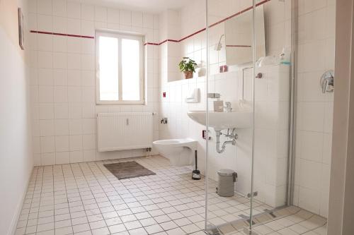 a bathroom with a toilet and a sink and a shower at FullHouse - Halle - AB7 Apartments - City Center in Halle an der Saale