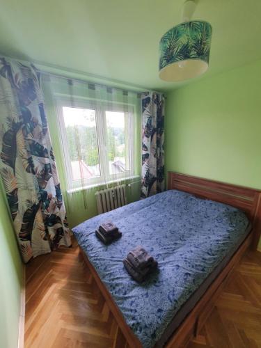 una camera da letto con un letto con lenzuola blu e una finestra di Cozy Sunny Apartment a Gdynia