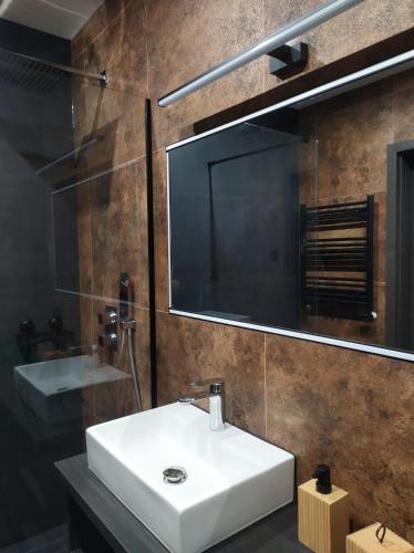 a bathroom with a white sink and a mirror at Apartament Leśny-Cedzyna no62 TARGI Kielce Rowery !!! in Kielce