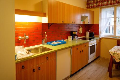 eine Küche mit einer Spüle und einer Arbeitsplatte in der Unterkunft Ländliches Ferienhaus in Kötschach
