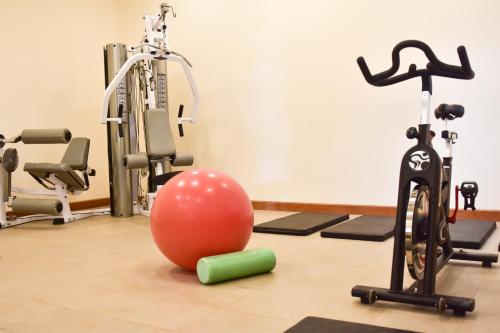 a gym with a exercise ball and a exercise bike at Huinid Pioneros Hotel in San Carlos de Bariloche