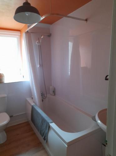 a bathroom with a tub and a toilet and a sink at Gunn Croft in Balallan