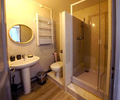 a bathroom with a sink and a toilet and a shower at Appartement au coeur de Cours La Ville in Cours la Ville