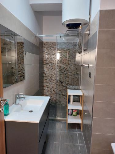 uma casa de banho com um lavatório e um chuveiro em Vila TAFA Apartments em Tirana