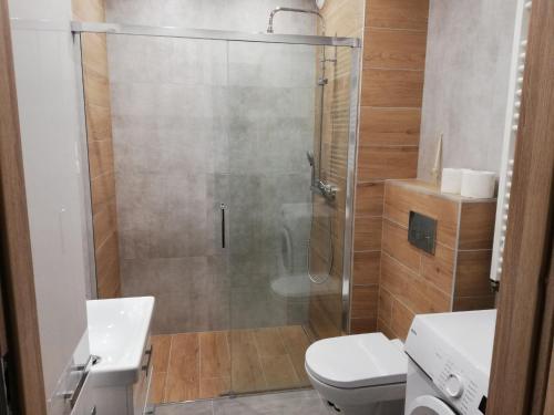 a bathroom with a shower with a toilet and a sink at Apartament Shadow in Białystok