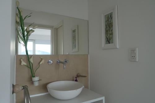 a bathroom with a bowl sink and a mirror at Josefina in Ushuaia