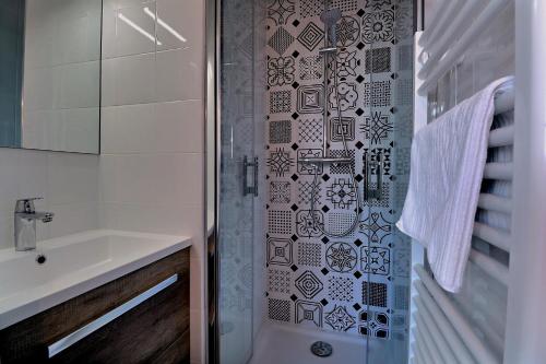 une salle de bain avec douche et lavabo dans l'établissement Appartement INDU Centre ville de VITRÉ, à Vitré
