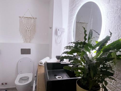 La salle de bains est pourvue d'un lavabo, de toilettes et d'une plante. dans l'établissement Stuning views on mountains, gudauri, à Goudaouri