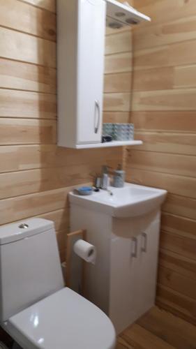 een badkamer met een wit toilet en een wastafel bij Mikmari in Tūja