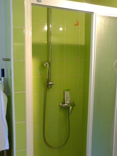 a bathroom with a shower with green tile at Rainbow Rooms in Ljubljana