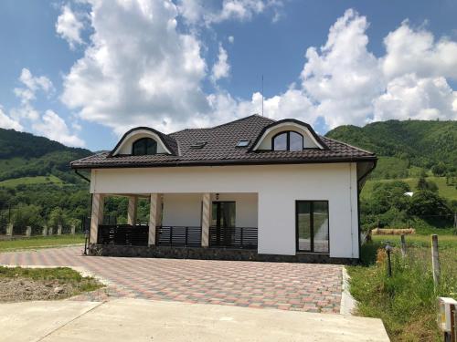 ein kleines weißes Haus mit einem Dach in der Unterkunft Pensiunea Sofia in Telciu