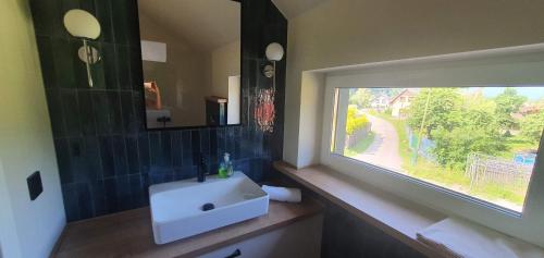 a bathroom with a sink and a large window at Domek przy Kasztanowej in Szczyrk