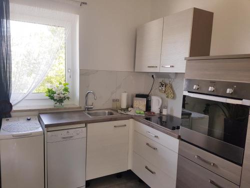 een keuken met witte kasten, een wastafel en een raam bij Ferienwohnung Andrejcic in Feistritz im Rosental