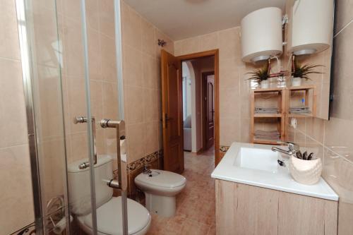 łazienka z toaletą, umywalką i prysznicem w obiekcie Apto ACHE, acogedor apartamento de 66 m con terraza, aire acondicionado y parking privado gratuito w mieście Los Abrigos