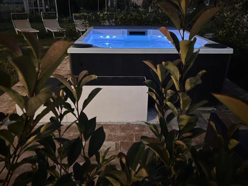 a hot tub in a backyard with some plants at La casina col fico in San Vito Rimini
