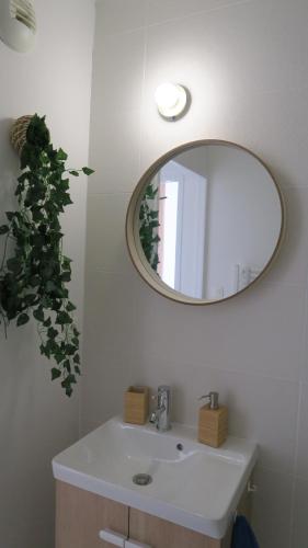 a bathroom with a sink and a mirror at Appartement chaleureux et élégant en résidence. in Labastidette