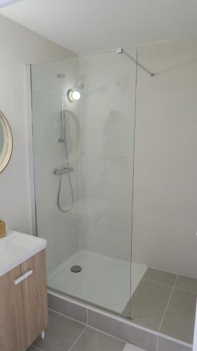 een douche met een glazen deur in de badkamer bij Appartement chaleureux et élégant en résidence. in Labastidette