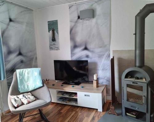 a living room with a tv and a chair and a fireplace at Windrose - 95102 in Eckernförde