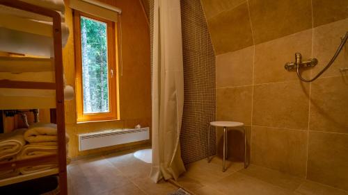 a bathroom with a shower and a toilet and a window at Forest House Stella - A frame cabin in Mrkopalj