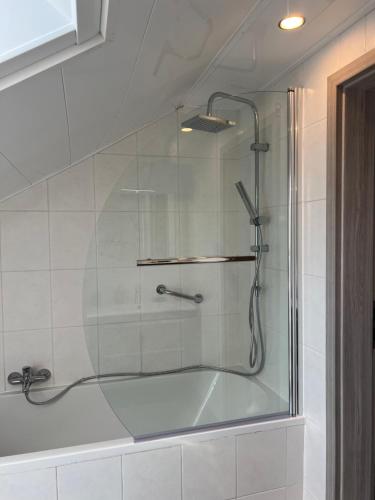 um chuveiro com uma porta de vidro na casa de banho em Schwarzwald Appartement Steffanie em Freudenstadt