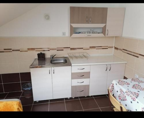 Privatni smestaj - Rooms في Dobrosin: مطبخ مع دواليب بيضاء ومغسلة
