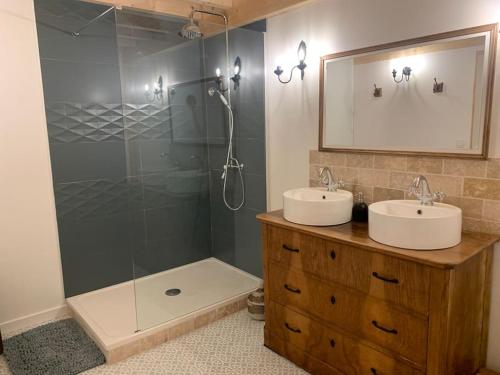 La salle de bains est pourvue d'une douche, de 2 lavabos et d'un miroir. dans l'établissement Gite Oranis, maison de charme au cœur du Quercy blanc!, à Monjoi