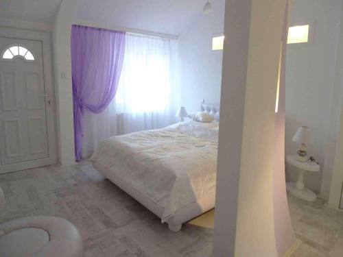 1 dormitorio con 1 cama y una ventana con cortinas moradas en Guest House Perla, en Pančevo