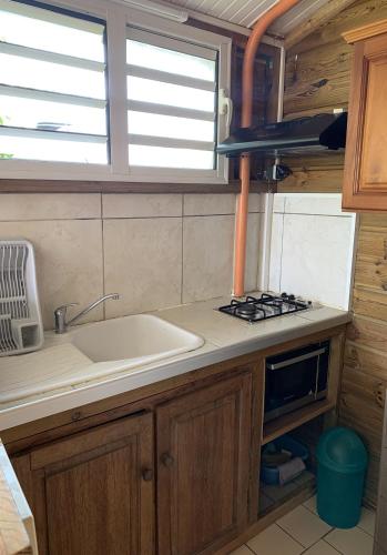 a kitchen with a sink and a stove at Studio Griyav- dans villa les Polycias in Sainte-Luce