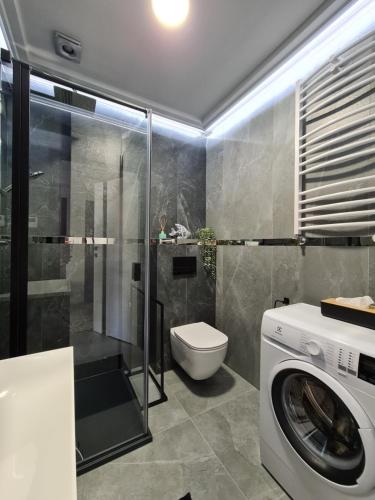a bathroom with a washing machine and a toilet at Apartament el sol in Gąski
