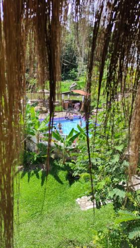 a swimming pool in the middle of a garden at Finca Campestre Rancho Alegre in Fusagasuga