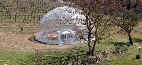 a dome tent in a field next to a tree at CAMPO AL VENTO - Country farm in Monte Castello di Vibio