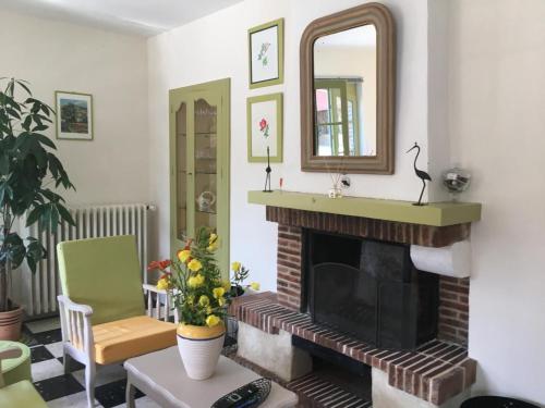 a living room with a fireplace and a mirror at Gîte Montmirail, 5 pièces, 8 personnes - FR-1-410-266 in Montmirail