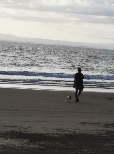 a person walking a dog on the beach at Casa Tabacon cr in Río Claro