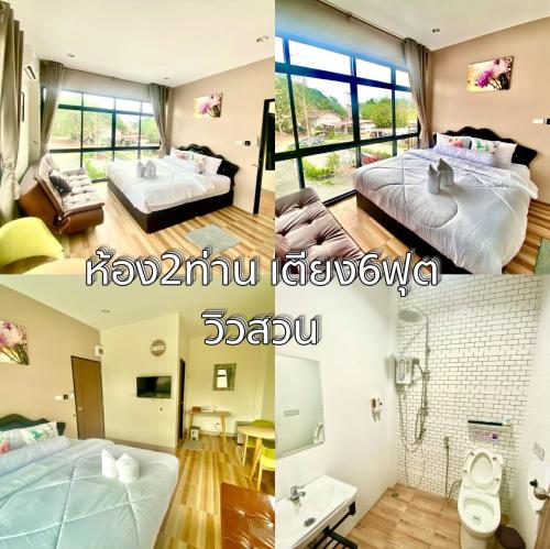 清康的住宿－โรงแรมบ้านหมอบิวแก่งคุดคู้，一张带两张床的卧室和一间浴室的两张照片