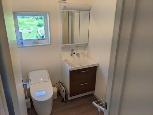 a bathroom with a sink and a toilet and a mirror at Hakuba View Villa in Hakuba
