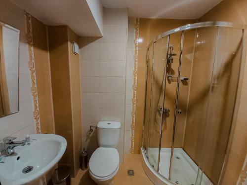 ein Badezimmer mit Dusche, Toilette und Waschbecken in der Unterkunft Хотел България Петрич in Petrich