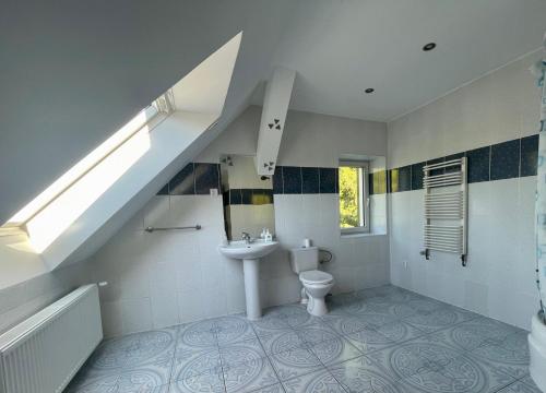 a bathroom with a toilet and a sink and a staircase at Sielski Zakątek in Wilkasy