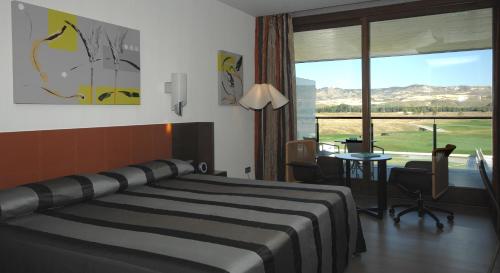 埃納雷斯堡的住宿－塞爾科泰爾艾西恩高爾夫酒店，一间卧室配有一张床、一张书桌和一个窗户。
