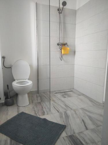 a bathroom with a toilet and a glass shower at Casa KIM in Eforie Nord