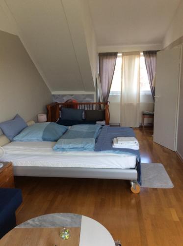 a bedroom with a bed with blue pillows at Dachstudio mit Bad und Terasse in Cologne