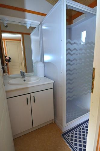 une salle de bain avec un lavabo et une douche dans l'établissement Chalet confortable aux Tourettes avec piscine partagée, aux Tourrettes