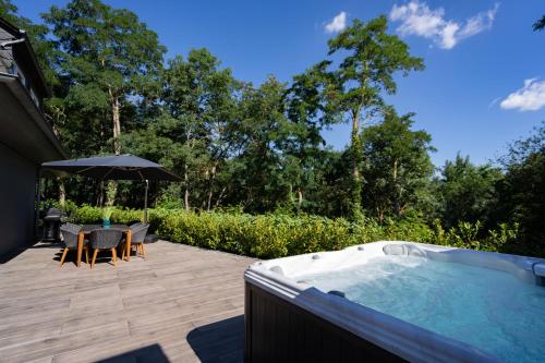 a hot tub on a patio with a table and chairs at Vulkan Villa in Mendig