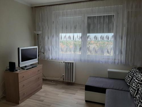 sypialnia z telewizorem na komodzie z oknem w obiekcie Sunnyrise Apartman w mieście Hódmezővásárhely