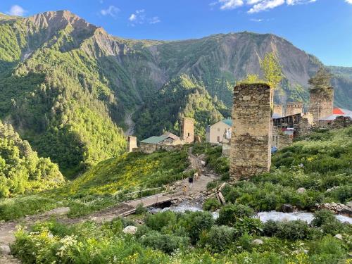 a village on a hill with mountains in the background at Gunter Guest house in Adishi
