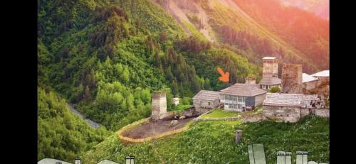 an aerial view of a house on a mountain at Gunter Guest house in Adishi